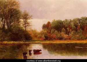 Oil landscape Painting - Cows Watering In A Landscape by Bierstadt, Albert