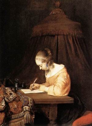 Oil  Painting - Woman Writing a Letter - c. 1655 by Borch, Gerard Ter