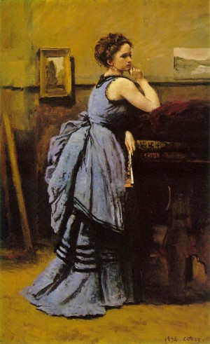 Oil blue Painting - Lady in Blue  1874 by Corot, Jean-Baptiste-Camille