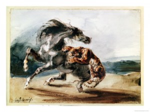 Oil  Painting - Tiger Attacking a Wild Horse by Delacroix, Eugene