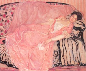 Oil frieseke, frederick carl Painting - Portrait of Madame Gely #1 On the Couch)  By 1907 by Frieseke, Frederick Carl