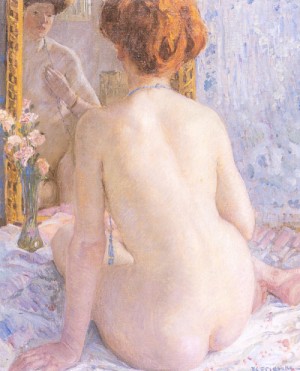 Oil  Painting - Reflections (Marcelle)  By 1909 by Frieseke, Frederick Carl