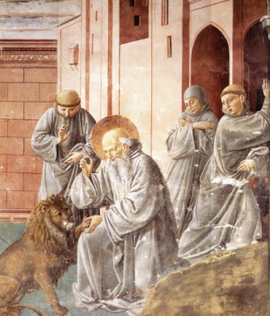 Oil  Painting - St Jerome Pulling a Thorn from a Lion's Paw  1452 by Gozzoli, Benozzo
