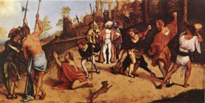 Oil lotto, lorenzo Painting - The Martyrdom of St Stephen    1516 by Lotto, Lorenzo