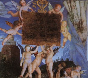 Oil  Painting - Camera degli Sposi, detail featuring Putti Holding Dedicatory Tablet 1474 by Mantegna, Andrea