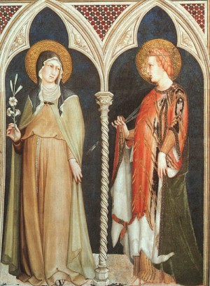 Oil martini, simone Painting - St. Clare and St. Elizabeth of Hungary   1321 by Martini, Simone