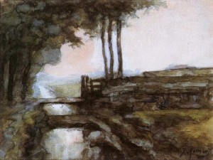 Oil landscape Painting - Landscape with Ditch.  Landschap met sloot. c. 1895 by Mondrian, Piet