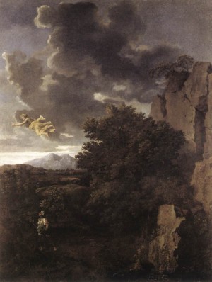 Oil angel Painting - Hagar and the Angel    c. 1660 by Poussin, Nicolas