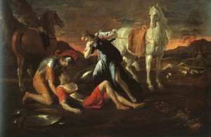 Oil red Painting - Tancred and Erminia, 1630 by Poussin, Nicolas
