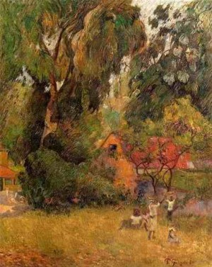 Oil tree Painting - Huts Under The Trees by Gauguin,Paul