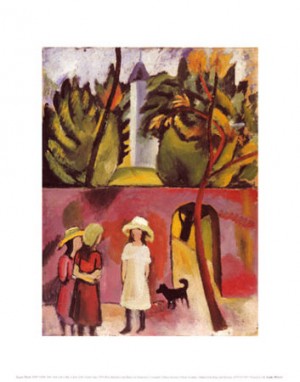 Oil marc,franz Painting - Three Girls with a Dog in Front of the Garden Gate, 1913 by Marc,Franz