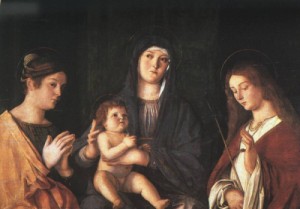 Oil bellini, giovanni Painting - The Virgin and Child with Two Saints   1490 by Bellini, Giovanni