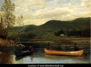Oil bierstadt, albert Painting - Men In Two Canoes by Bierstadt, Albert