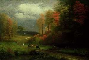 Oil bierstadt, albert Painting - Rainy Day in Autumn, Massachusetts, 1857 by Bierstadt, Albert