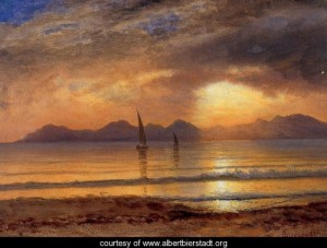 Oil mountain Painting - Sunset Over A Mountain Lake2 by Bierstadt, Albert