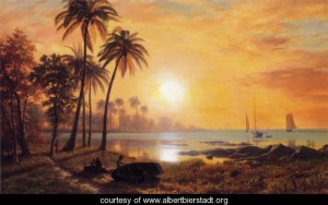 Oil bierstadt, albert Painting - Tropical Landscape With Fishing Boats In Bay by Bierstadt, Albert