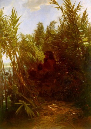 Oil bocklin, arnold Painting - -Pan Amongst the Reeds 1856-57 by Bocklin, Arnold