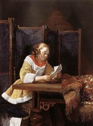 Oil borch, gerard ter Painting - A Lady Reading a Letter - c. 1662 by Borch, Gerard Ter