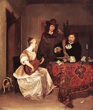 Oil borch, gerard ter Painting - A Young Woman Playing a Theorbo to Two Men  1667-68 by Borch, Gerard Ter