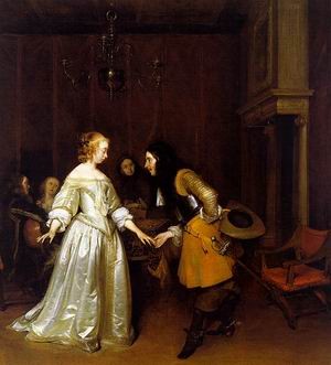 Oil borch, gerard ter Painting - An Officer Making his Bow to a Lady, approx. 1662 by Borch, Gerard Ter