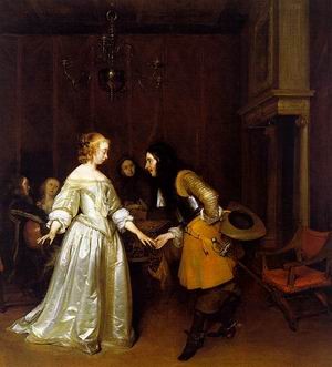 Oil borch, gerard ter Painting - An Officer Making his Bow to a Lady, approx. 1662 by Borch, Gerard Ter