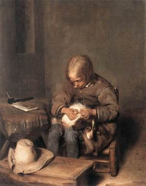 Oil borch, gerard ter Painting - Boy Ridding his Dog of Fleas - c. 1665 by Borch, Gerard Ter