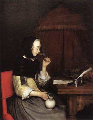 Oil borch, gerard ter Painting - Woman Drinking Wine  1656-57 by Borch, Gerard Ter