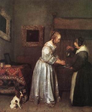 Oil borch, gerard ter Painting - Woman Washing Hands  - c. 1655 Oak by Borch, Gerard Ter