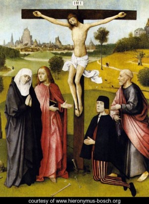 Oil bosch, hieronymus Painting - Crucifixion with a Donor 1480-85 by Bosch, Hieronymus