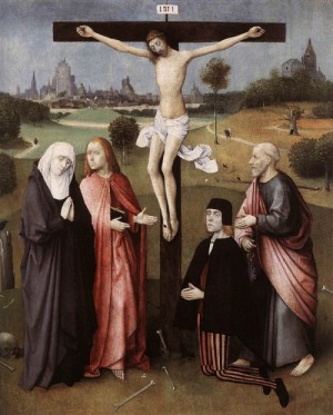 Oil bosch, hieronymus Painting - Crucifixion with a Donor 1480-85 by Bosch, Hieronymus
