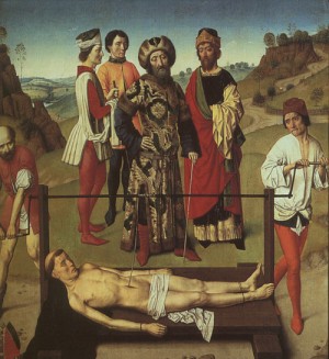 Oil bouts, dieric the elder Painting - The Martyrdom of St. Erasmus (Elmo). by Bouts, Dieric the Elder