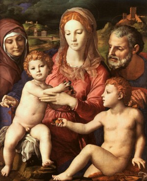 Oil bronzino, agnolo Painting - Holy Family with St. Anne and the Infant St. John, 1550 by Bronzino, Agnolo