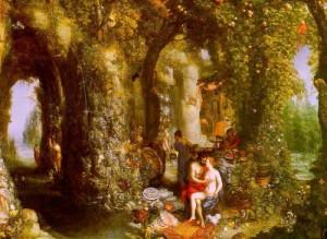 Oil brueghel, jan the elder Painting - A Fantastic Cave Landscape with Odysseus & Calypso by Brueghel, Jan the Elder