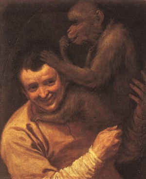 Oil carracci, annibale Painting - A Man with a Monkey, 1590-91 by Carracci, Annibale