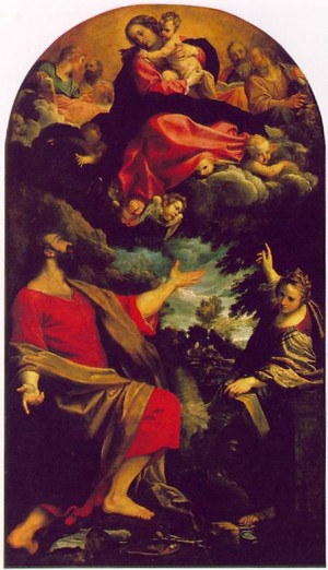 Oil carracci, annibale Painting - The Virgin Appearing to St Luke and St Catherine 1592 by Carracci, Annibale
