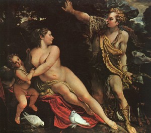 Oil carracci, annibale Painting - -Venus, Adonis, and Cupid  1590 by Carracci, Annibale