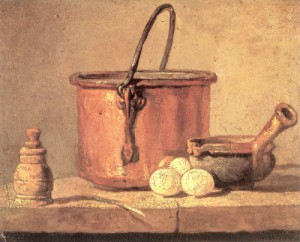 Oil chardin, jean baptiste simeon Painting - Copper Cauldron with Three Eggs    1734 by Chardin, Jean Baptiste Simeon