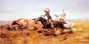 Oil charles m. russell Painting - O.H. Cowboys Roping a Steer, 1892 by Charles M. Russell