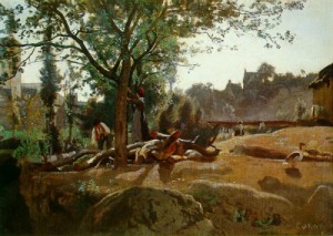 Oil corot, jean-baptiste-camille Painting - Peasants Under the Trees at Dawn, Morvan  c.1840-4 by Corot, Jean-Baptiste-Camille