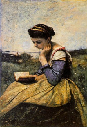Oil corot, jean-baptiste-camille Painting - Woman Reading in a Landscape  1869 by Corot, Jean-Baptiste-Camille