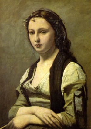 Oil woman Painting - Woman with a Pearl by Corot, Jean-Baptiste-Camille