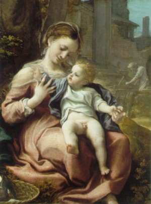 Oil the Painting - The Madonna of the Basket  c.1524 by Correggio