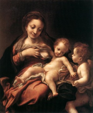 Oil correggio Painting - Virgin and Child with an Angel by Correggio