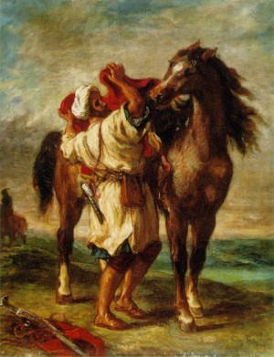 Oil animals Painting - Arab Saddling his Horse  1855 by Delacroix, Eugene