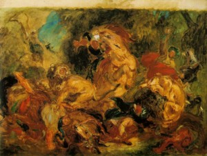 Oil delacroix, eugene Painting - Lion Hunt    1854 by Delacroix, Eugene