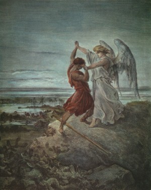 Oil dore, gustave Painting - Jacob Wrestling with the Angel  1855 by Dore, Gustave
