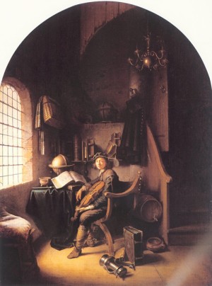 Oil dou, gerrit Painting - An Interior with Young Violinist   1637 by Dou, Gerrit