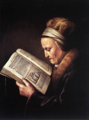 Oil woman Painting - Old Woman Reading a Bible   c. 1630 by Dou, Gerrit
