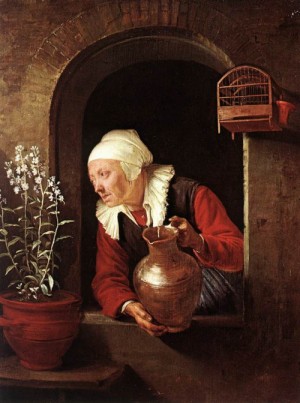 Oil woman Painting - Old Woman Watering Flowers   1660-65 by Dou, Gerrit