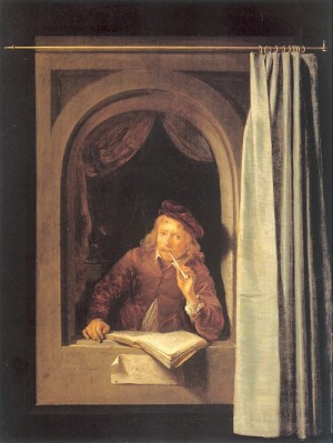 Oil dou, gerrit Painting - Painter with Pipe and Book  1645 by Dou, Gerrit